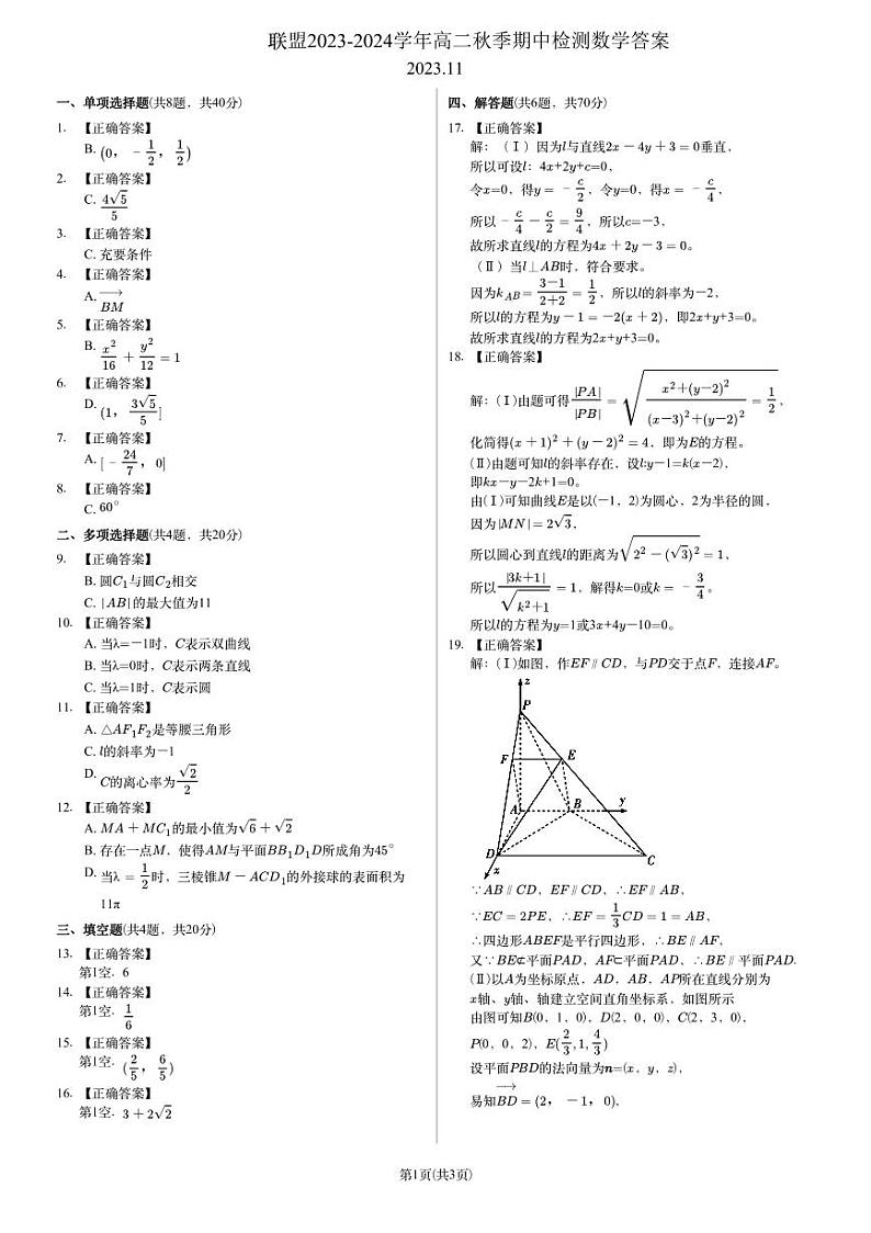 河南省顶尖名校联盟2023-2024学年高二上学期期中检测数学试题及参考答案01