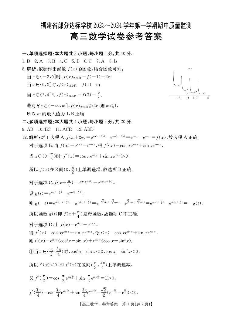 福建部分达标学校2024届高三上学期期中质量监测数学试卷答案第1页