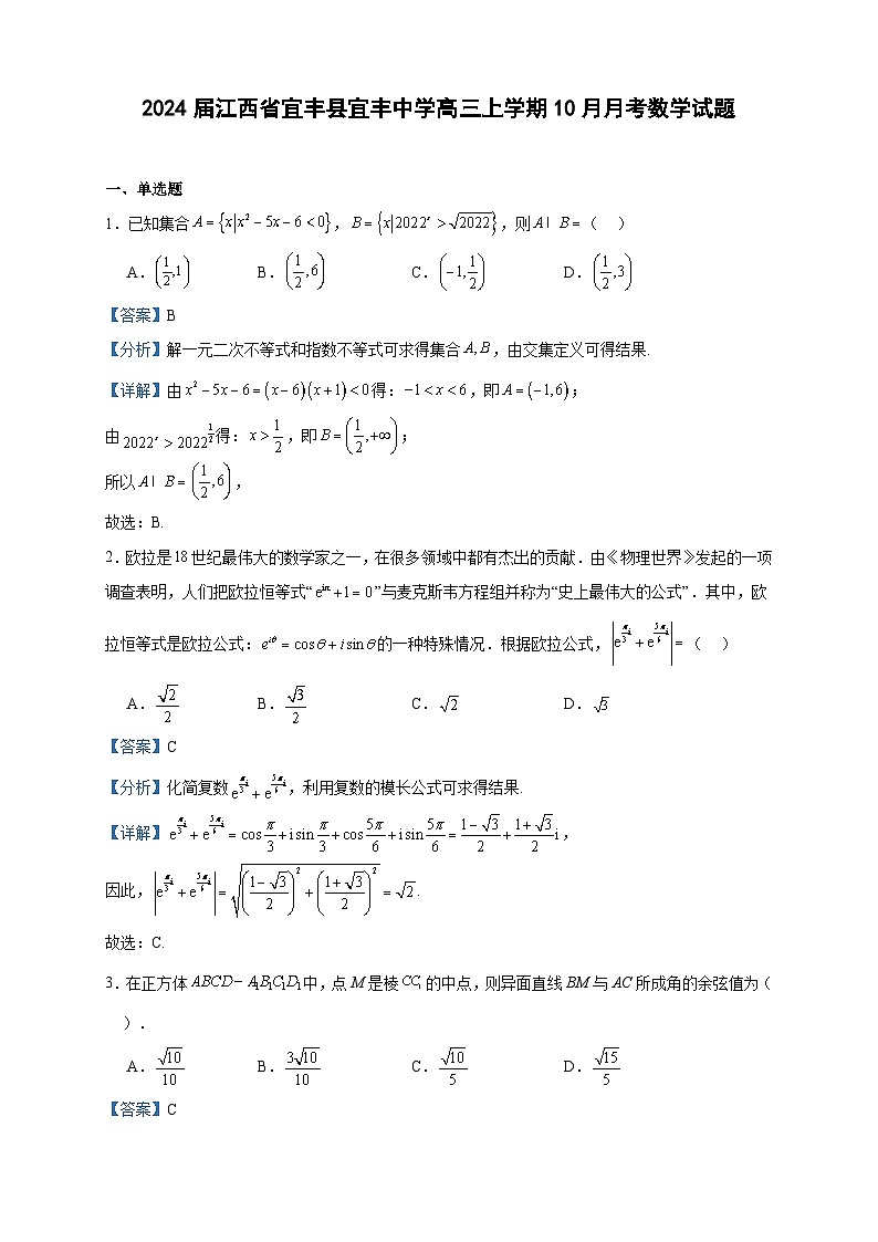 2024届江西省宜丰县宜丰中学高三上学期10月月考数学试题含解析01
