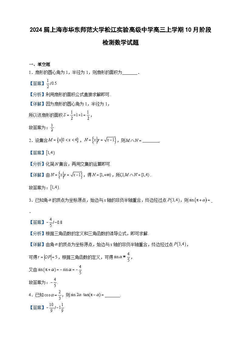 2024届上海市华东师范大学松江实验高级中学高三上学期10月阶段检测数学试题含解析第1页