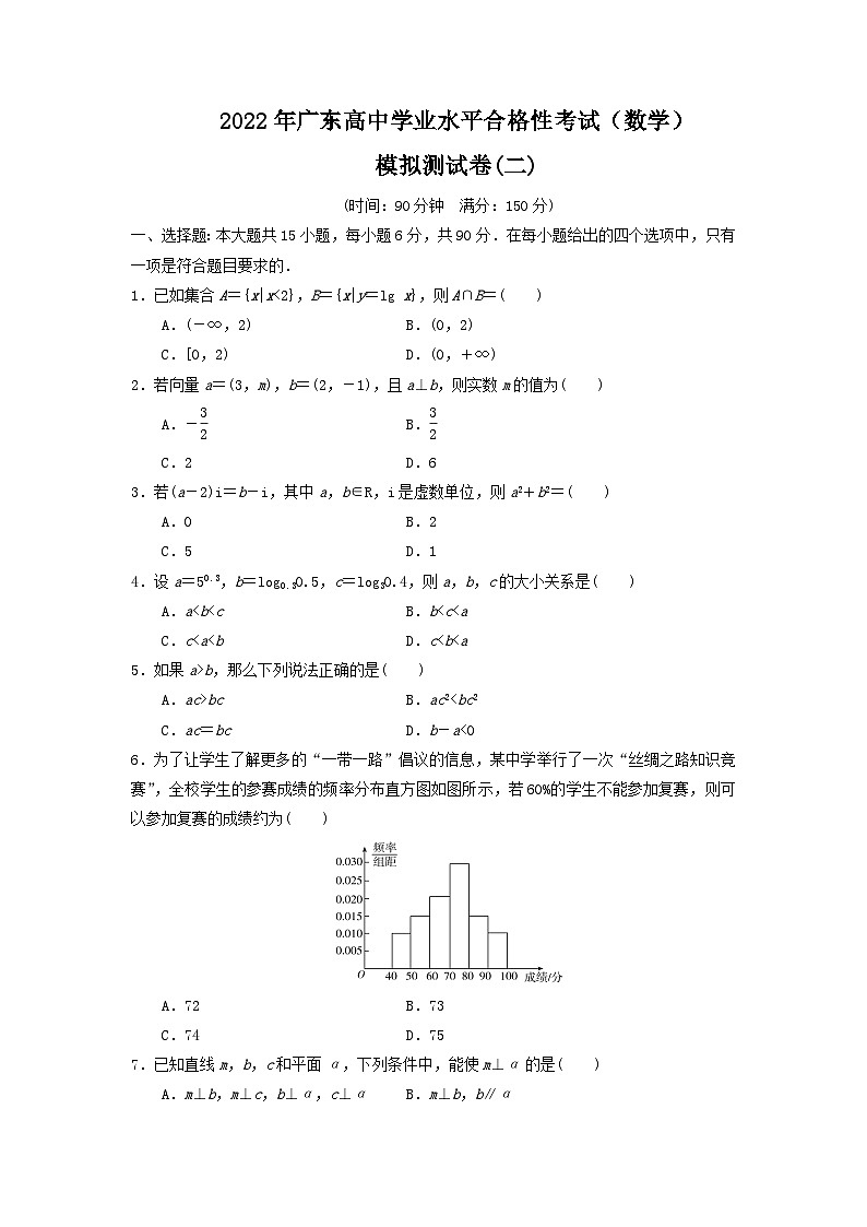 2021-2022学年广东省高中学业水平合格性考试模拟测试题（二）数学试题（Word版）第1页