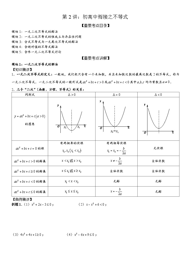 2023-2024学年度高一暑假预习讲义第2讲：初高中衔接之不等式(讲义+课后测+课后巩固+答案）01