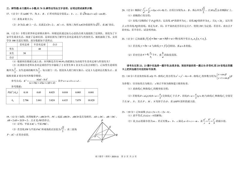 2024成都树德中学高三上学期11月阶段性测试数学（理）PDF版含答案（可编辑）02