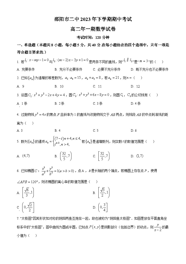 湖南省邵阳市第二中学2023-2024学年高二上学期11月期中数学试题无答案第1页