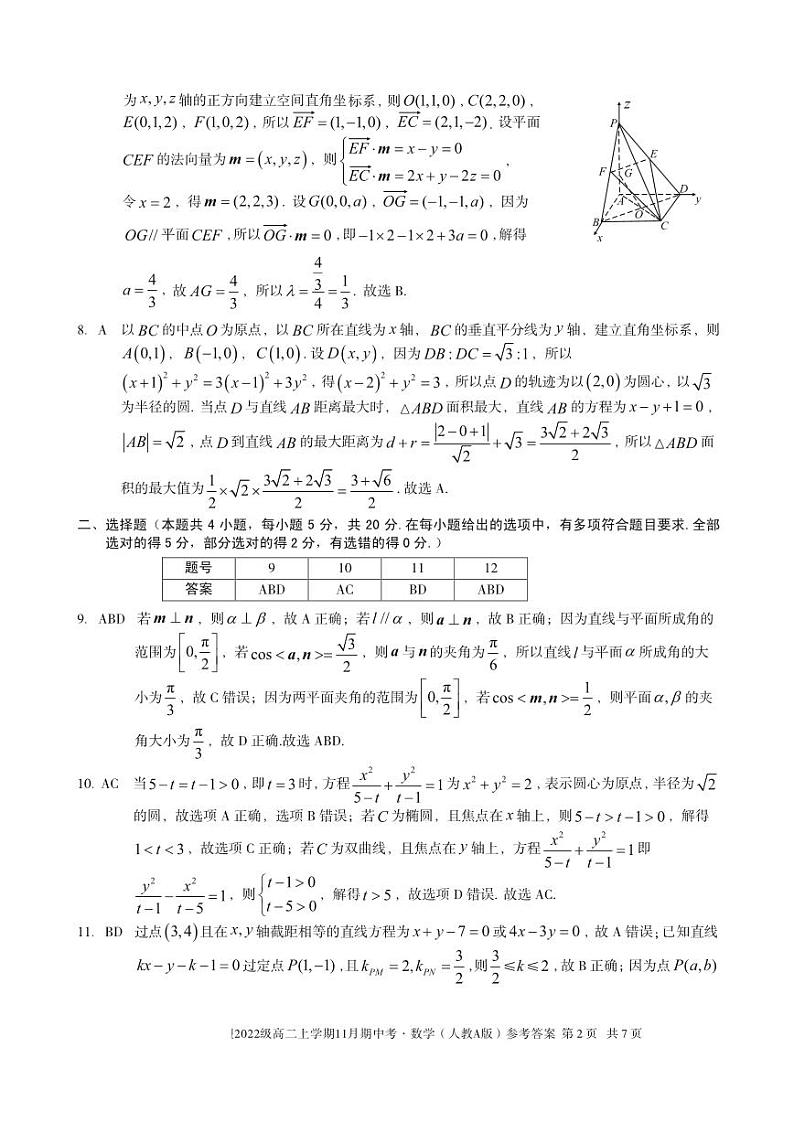 2022级高二上学期11月期中考数学（人教A版）答案第2页