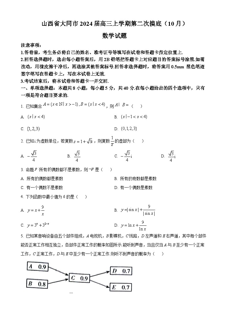 精品解析：山西省大同市2024届高三上学期第二次摸底（10月）数学试题（原卷版）第1页