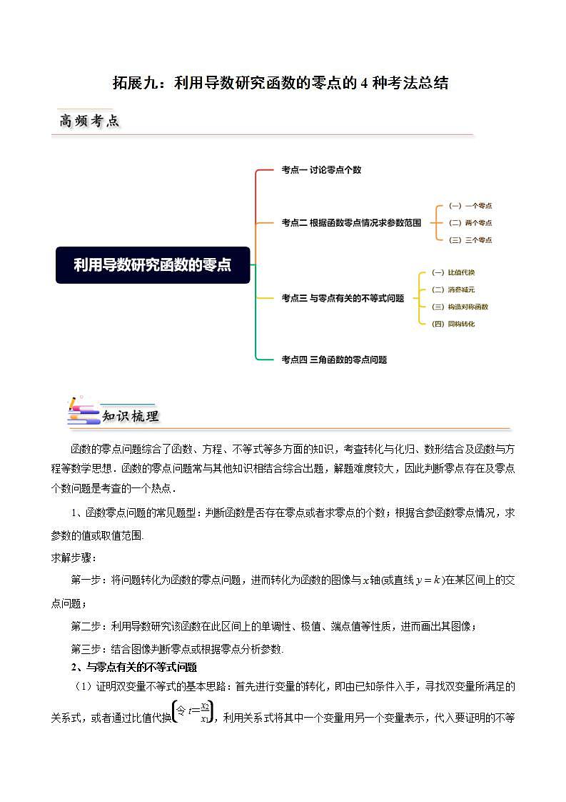 人教A版高中数学(选择性必修第二册)同步讲义第28讲 拓展九：利用导数研究函数的零点的4种考法总结（2份打包，原卷版+含解析）01