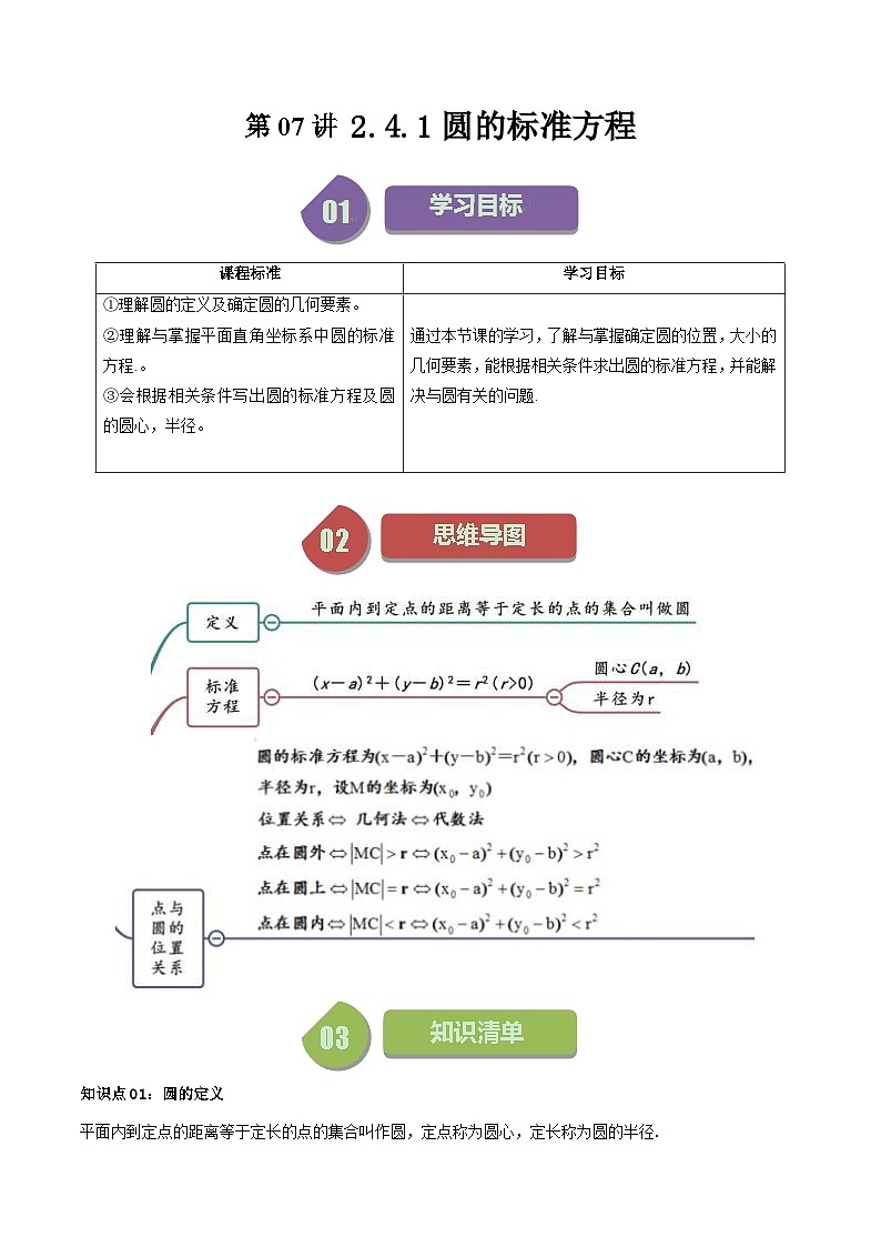 人教A版高中数学(选择性必修第一册)同步讲义第20讲 2.4.1圆的标准方程（2份打包，原卷版+含解析）01