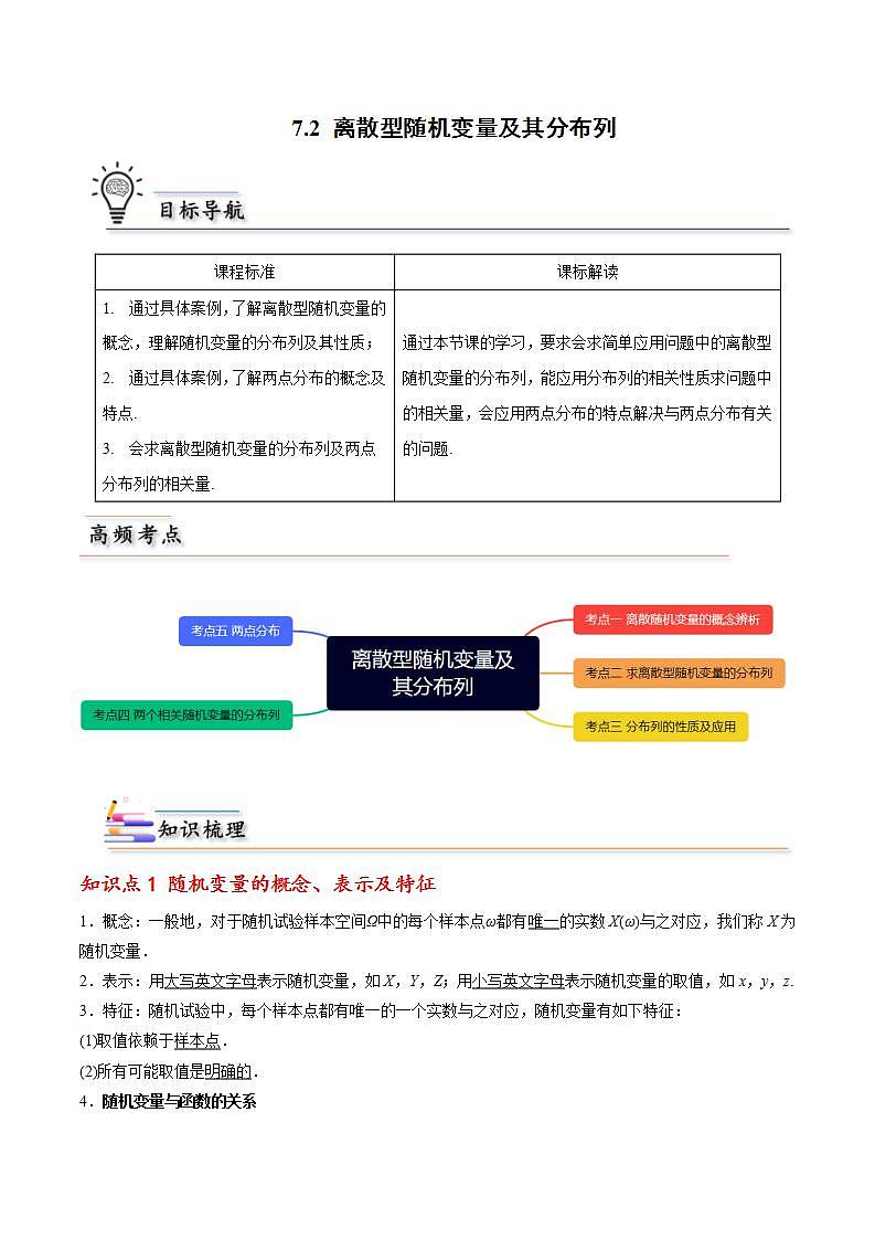 人教A版高中数学(选择性必修第三册)同步讲义第14讲 7.2 离散型随机变量及其分布列（含解析）第1页