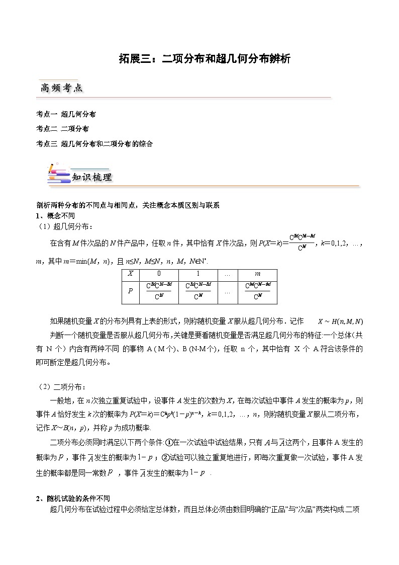 人教A版高中数学(选择性必修第三册)同步讲义第22讲 拓展三：二项分布和超几何分布辨析(含解析）01