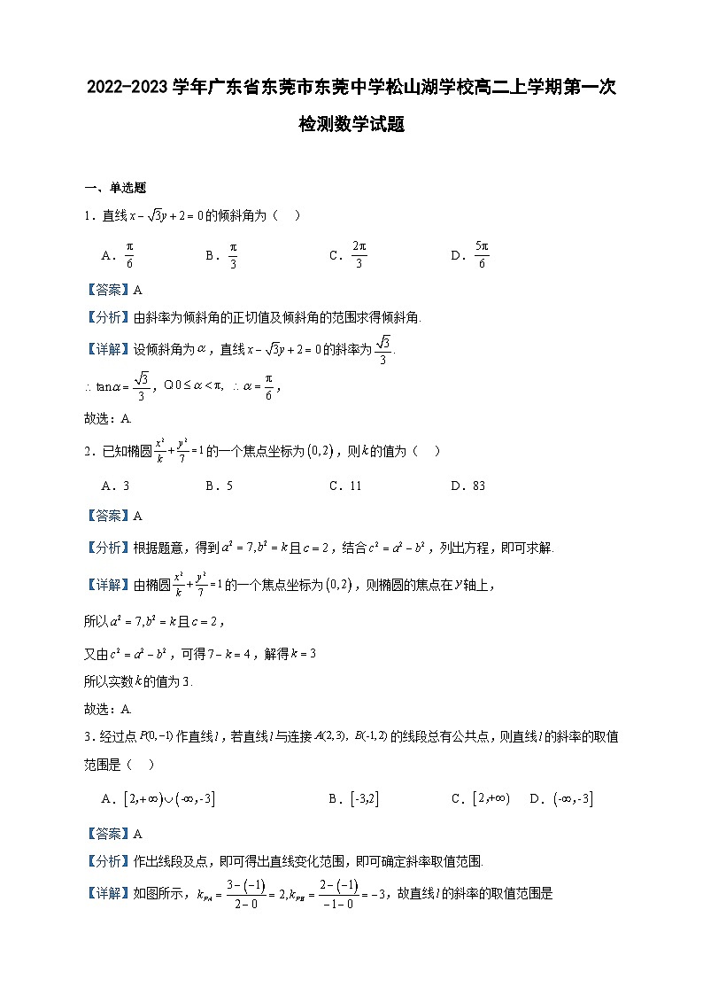 2022-2023学年广东省东莞市东莞中学松山湖学校高二上学期第一次检测数学试题含答案01