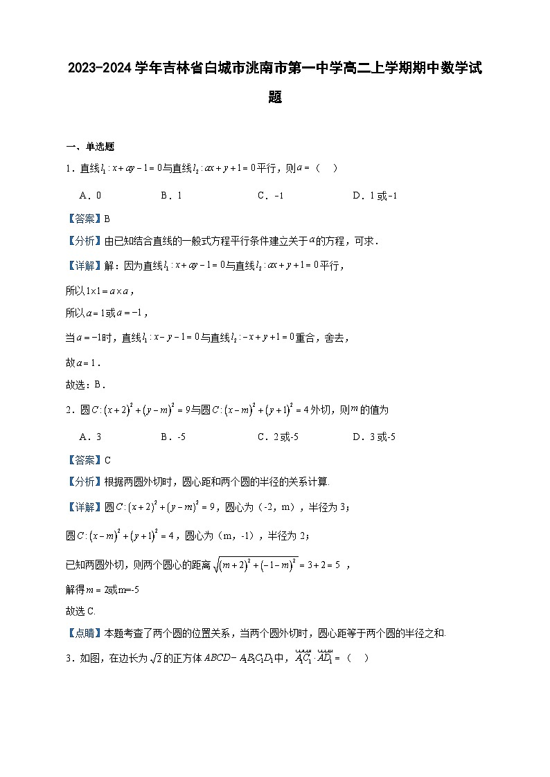 2023-2024学年吉林省白城市洮南市第一中学高二上学期期中数学试题含答案01
