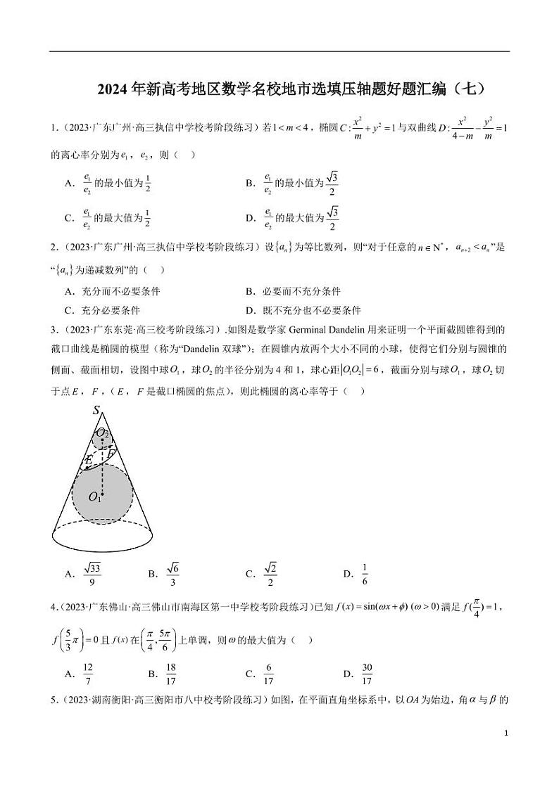 2024年新高考地区数学名校地市选填压轴题好题汇编（七）第1页