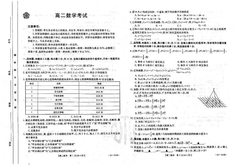 2022年秋高二上学期期中考试数学试卷（含答案）第1页