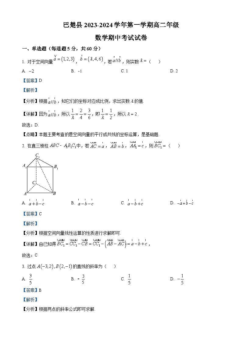 2024喀什地区巴楚县高二上学期10月期中数学试题含解析01