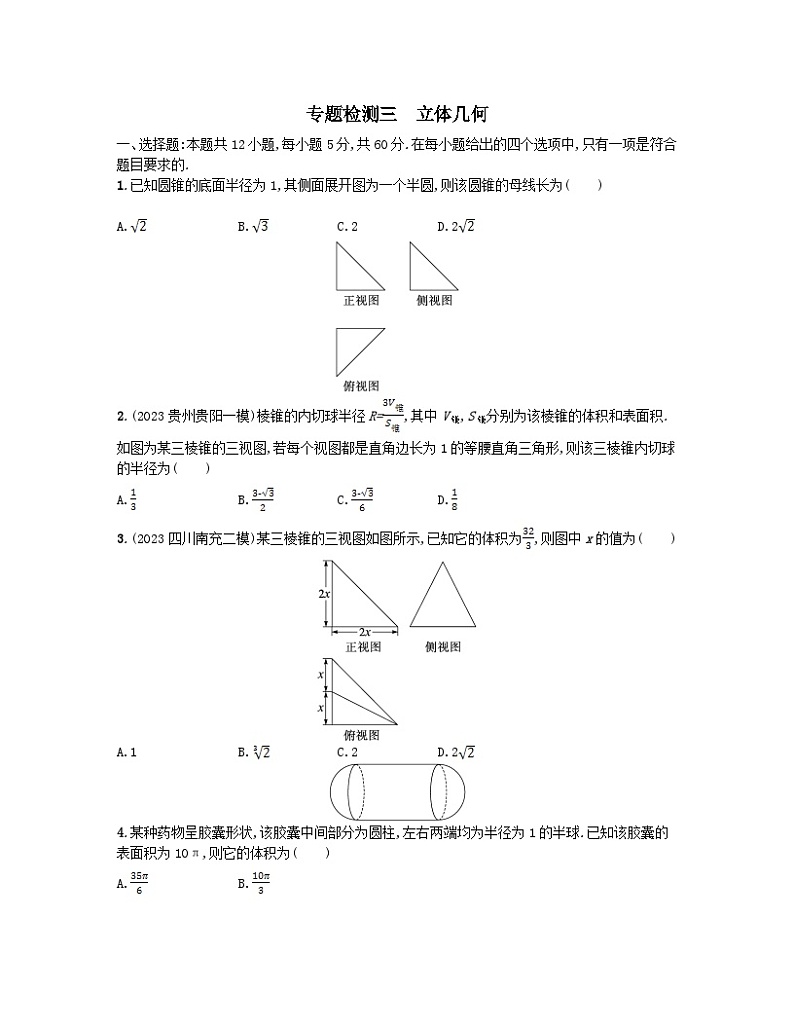 适用于老高考旧教材2024版高考数学二轮复习专题检测3立体几何文（附解析）第1页