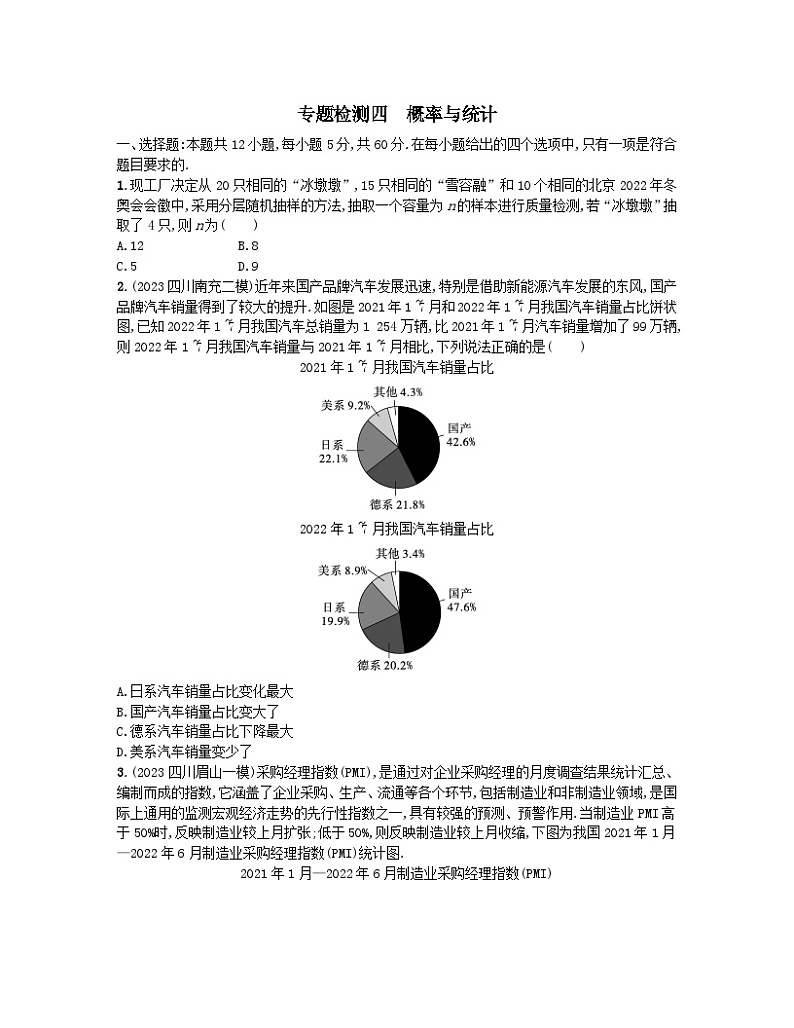 适用于老高考旧教材2024版高考数学二轮复习专题检测4概率与统计文（附解析）第1页