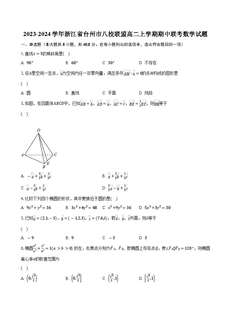 2023-2024学年浙江省台州市八校联盟高二上学期期中联考数学试题(含解析 )01