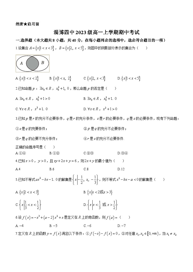 山东省淄博第四中学2023-2024学年高一上学期期中考试数学试卷01