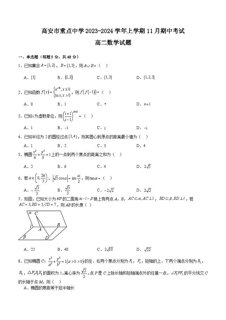 江西省宜春市高安市重点中学2023-2024学年高二上学期11月期中考试数学试题(含答案)第1页