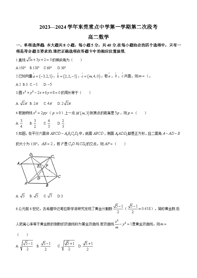 广东省东莞市重点中学2023-2024学年高二上学期第二次段考（期中）数学试题(无答案)01