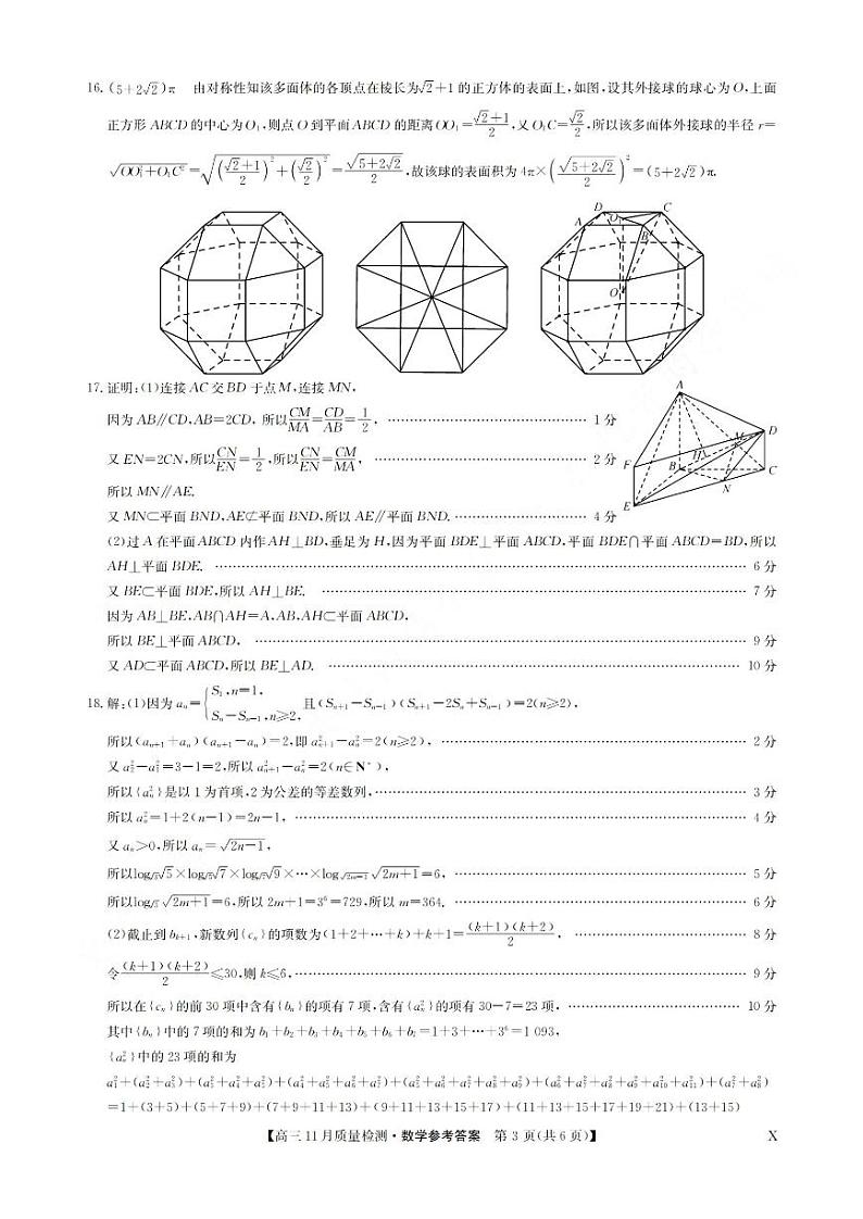 安徽省九师联盟2024届高三11月质量检测 数学试卷及参考答案03