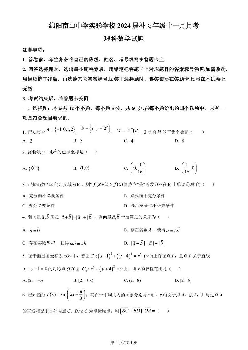 2024绵阳南山中学实验学校高三上学期11月月考试题（补习班）数学（理）PDF版含解析01