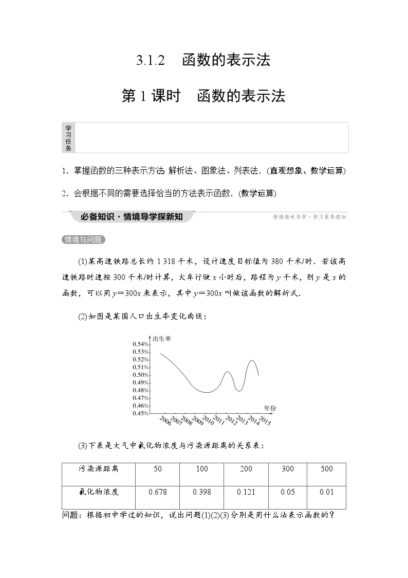 人教A版高中数学必修第一册第3章3-1-2第1课时函数的表示法课时学案01