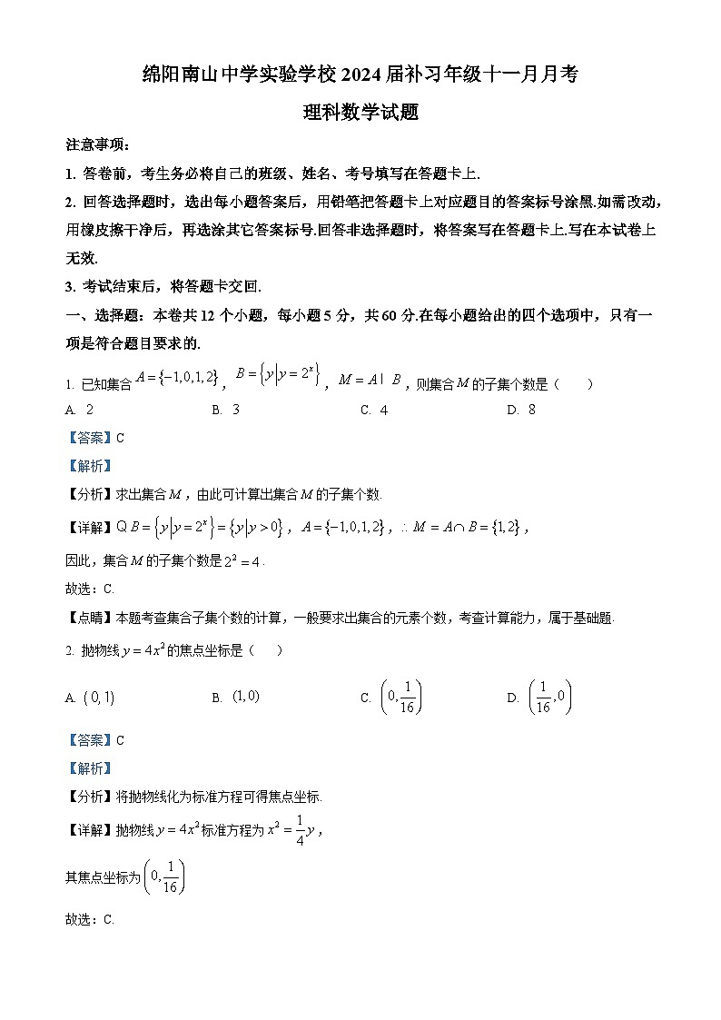 四川省绵阳市南山中学实验学校2024届高三（补习班）上学期11月月考数学（理）试题及参考答案01