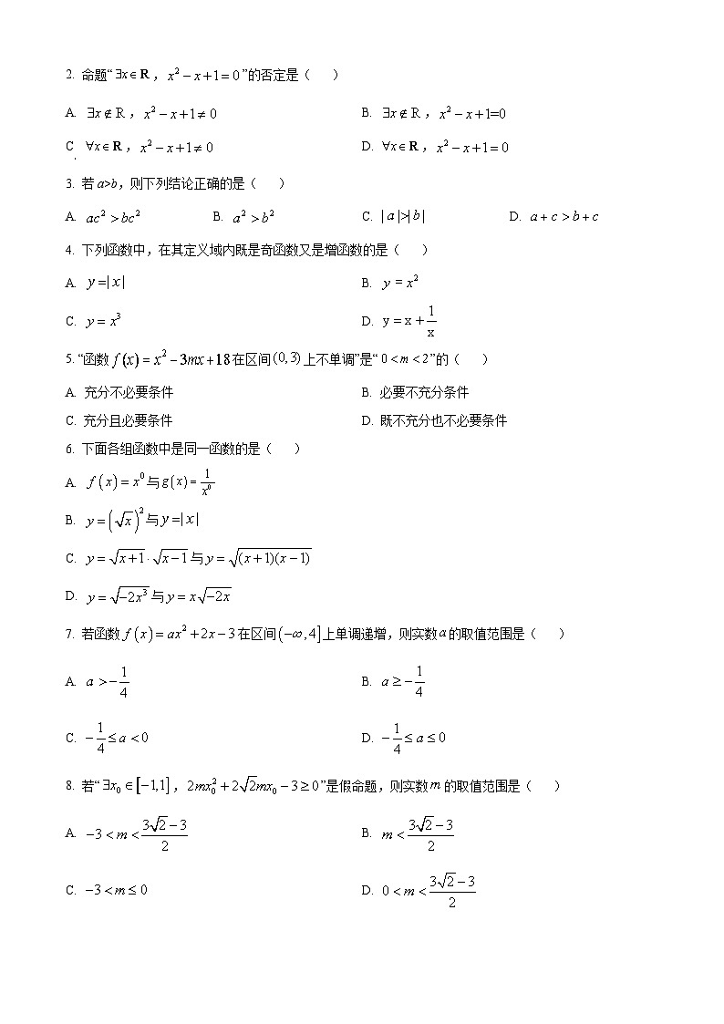 四川省达州外国语学校2023-2024学年高一上学期期中数学试题（Word版附解析）02