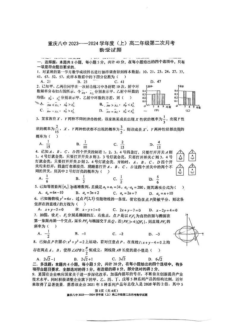 重庆市第八中学校2023-2024学年高二上学期第二次月考数学试题01