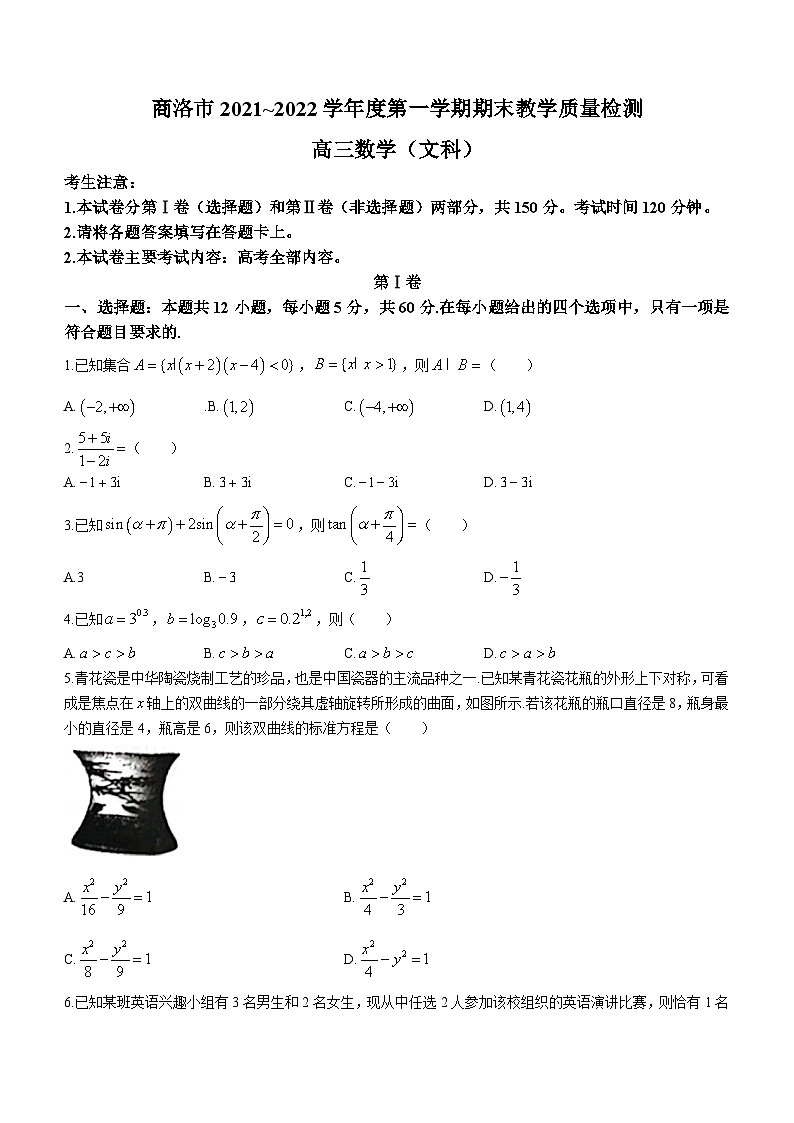 陕西省商洛市2021-2022学年高三上学期期末文科数学试题01