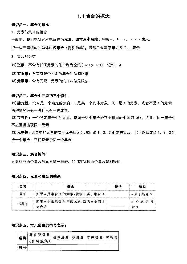 1.1集合的概念 讲义—— 高中数学人教A版（2019）必修第一册第1页