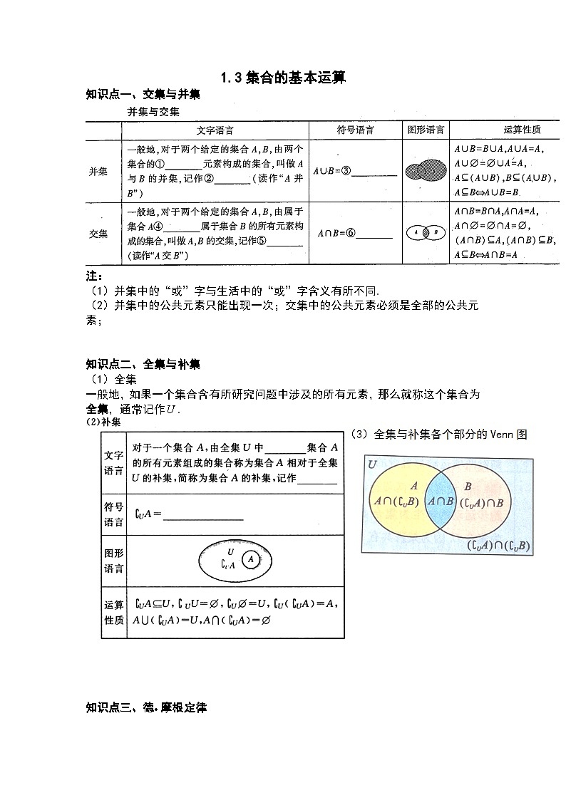 1.3  集合的基本运算 复习讲义  高中数学人教A版（2019）必修第一册01