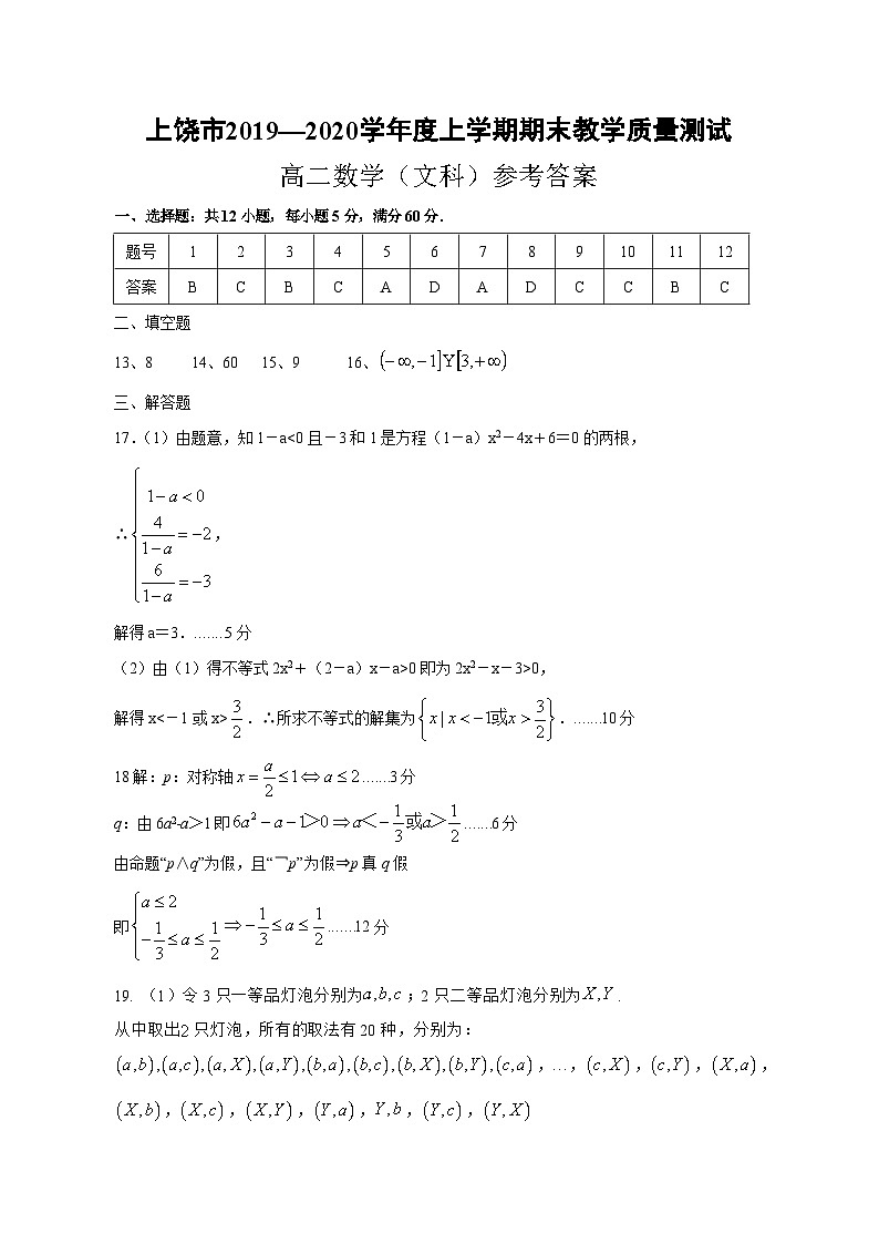 江西省上饶市2019-2020学年高二上学期期末考试 数学（文）试题01
