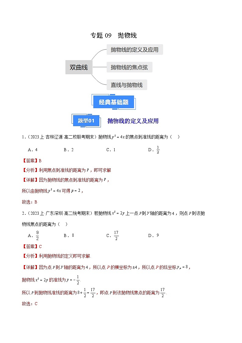 专题09 抛物线备战2023-2024学年高二数学上学期期末真题分类汇编（人教A版2019选择性必修第一册）（解析版）第1页
