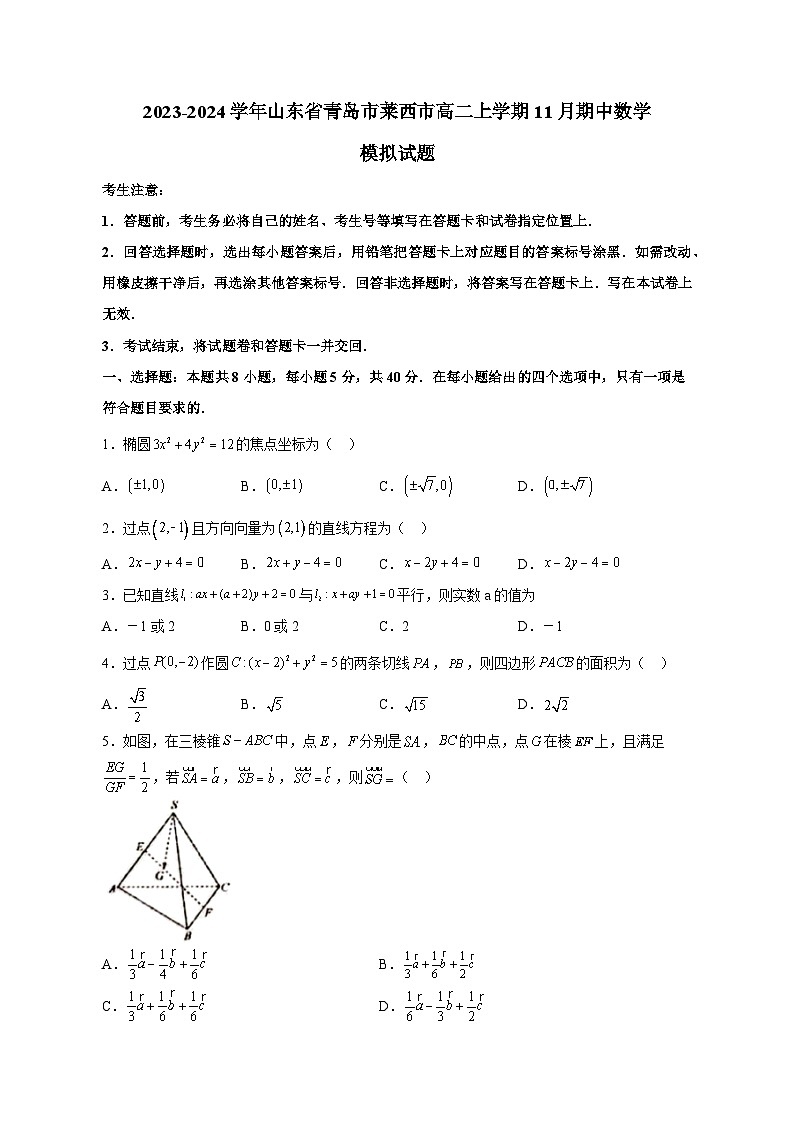 2023-2024学年山东省青岛市莱西市高二上学期11月期中数学模拟试题（含解析）01