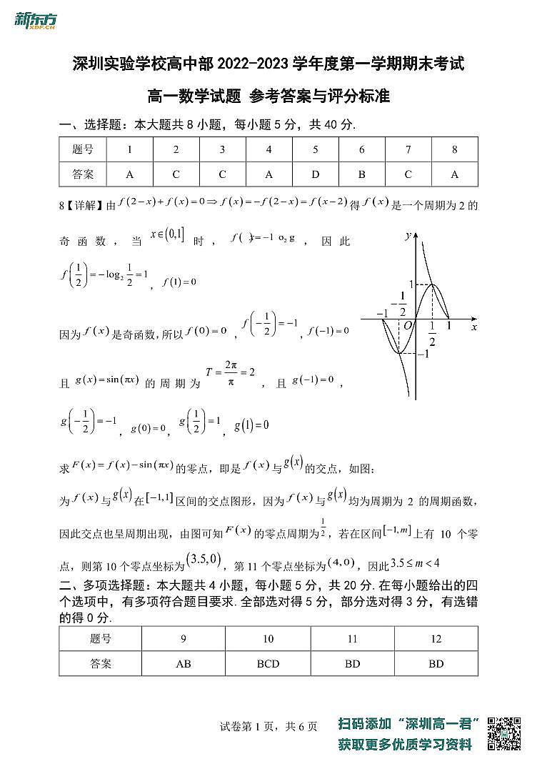 广东省深圳实验学校高中部2022-2023学年高一上学期期末考试数学试题01