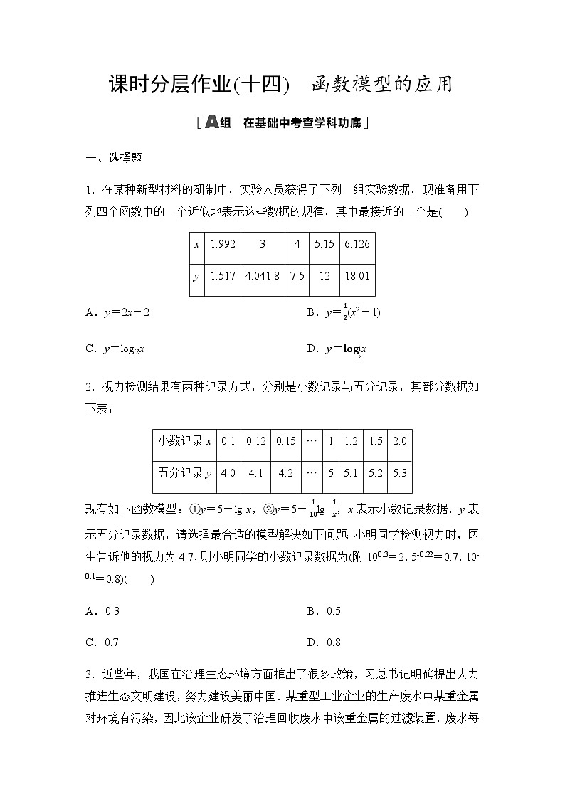 高考数学一轮复习课时分层作业14函数模型的应用含答案第1页