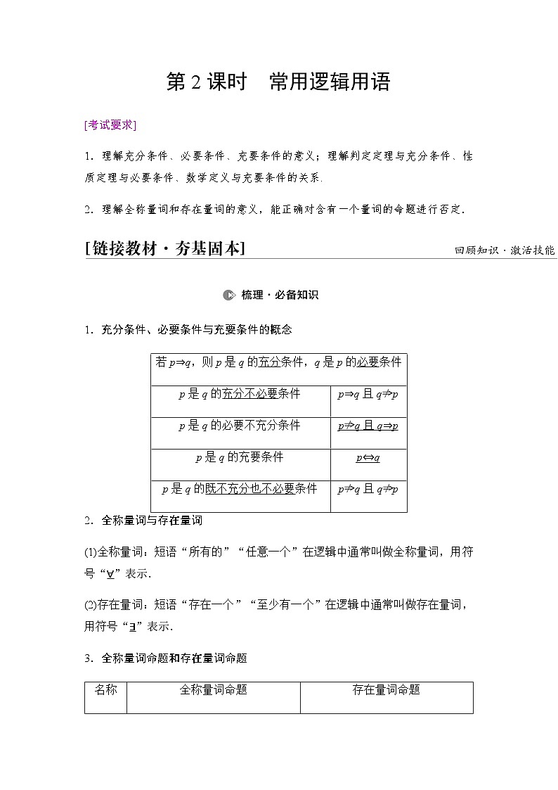 高考数学一轮复习第1章第2课时常用逻辑用语学案第1页