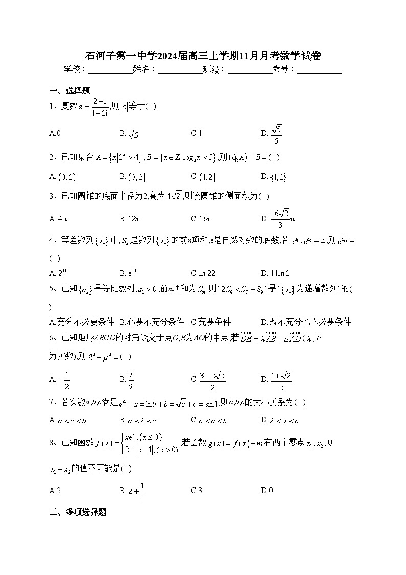 石河子第一中学2024届高三上学期11月月考数学试卷(含答案)第1页