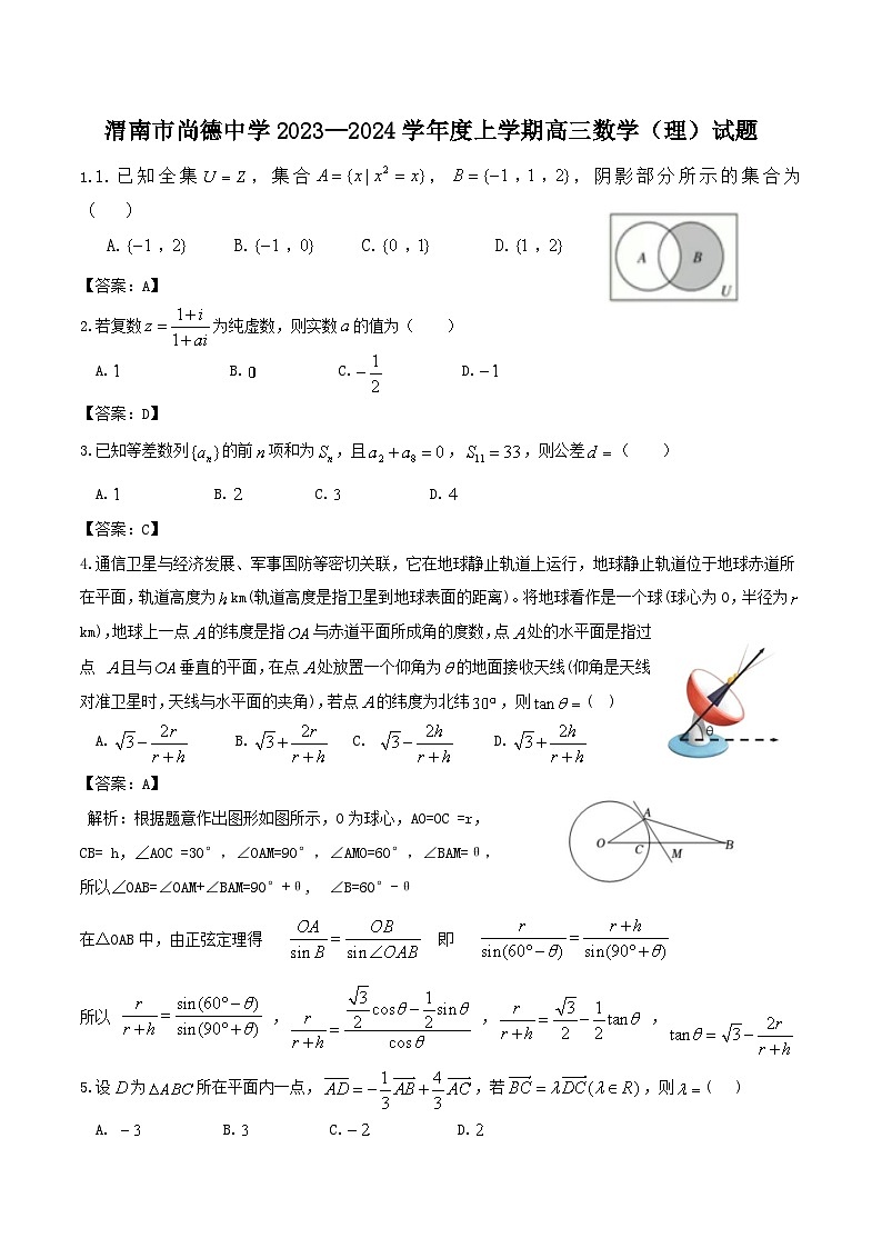 陕西省渭南市尚德中学2024届高三上学期期中考试理科数学试卷01