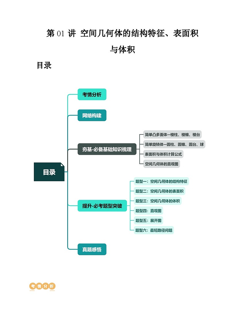 第01讲 空间几何体的结构特征、表面积与体积（六大题型）（讲义）（解析版）第1页