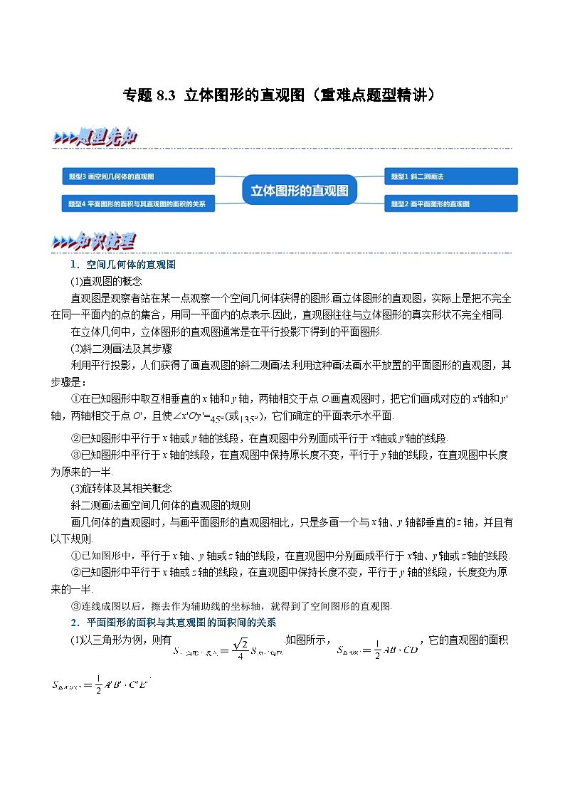 人教A版高中数学(必修第二册)同步培优讲义专题8.3 立体图形的直观图（重难点题型精讲）（2份打包，原卷版+教师版）01