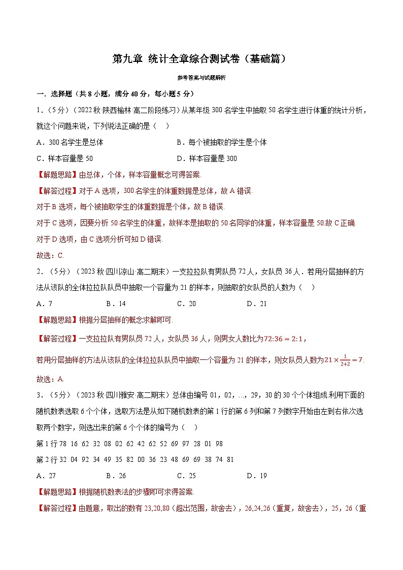 人教A版高中数学(必修第二册)同步培优讲义专题9.6 统计全章综合测试卷（基础篇）（教师版）第1页