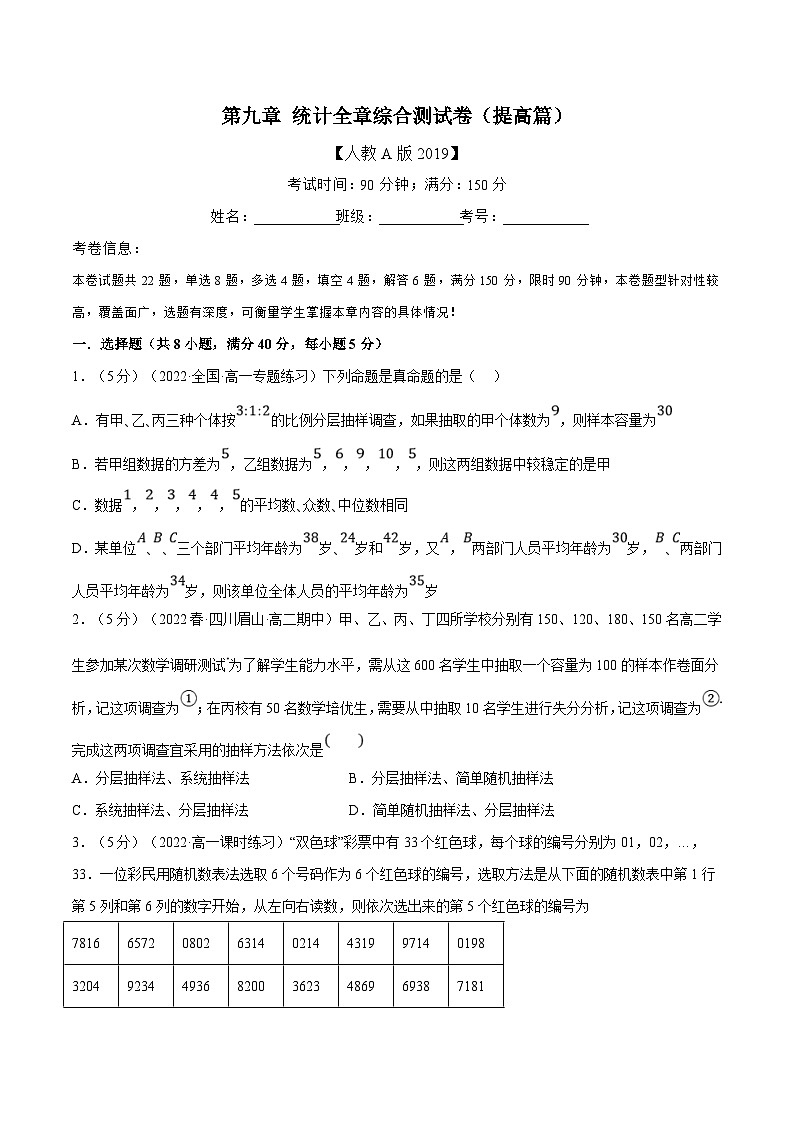 人教A版高中数学(必修第二册)同步培优讲义专题9.7 统计全章综合测试卷（提高篇）（2份打包，原卷版+教师版）01