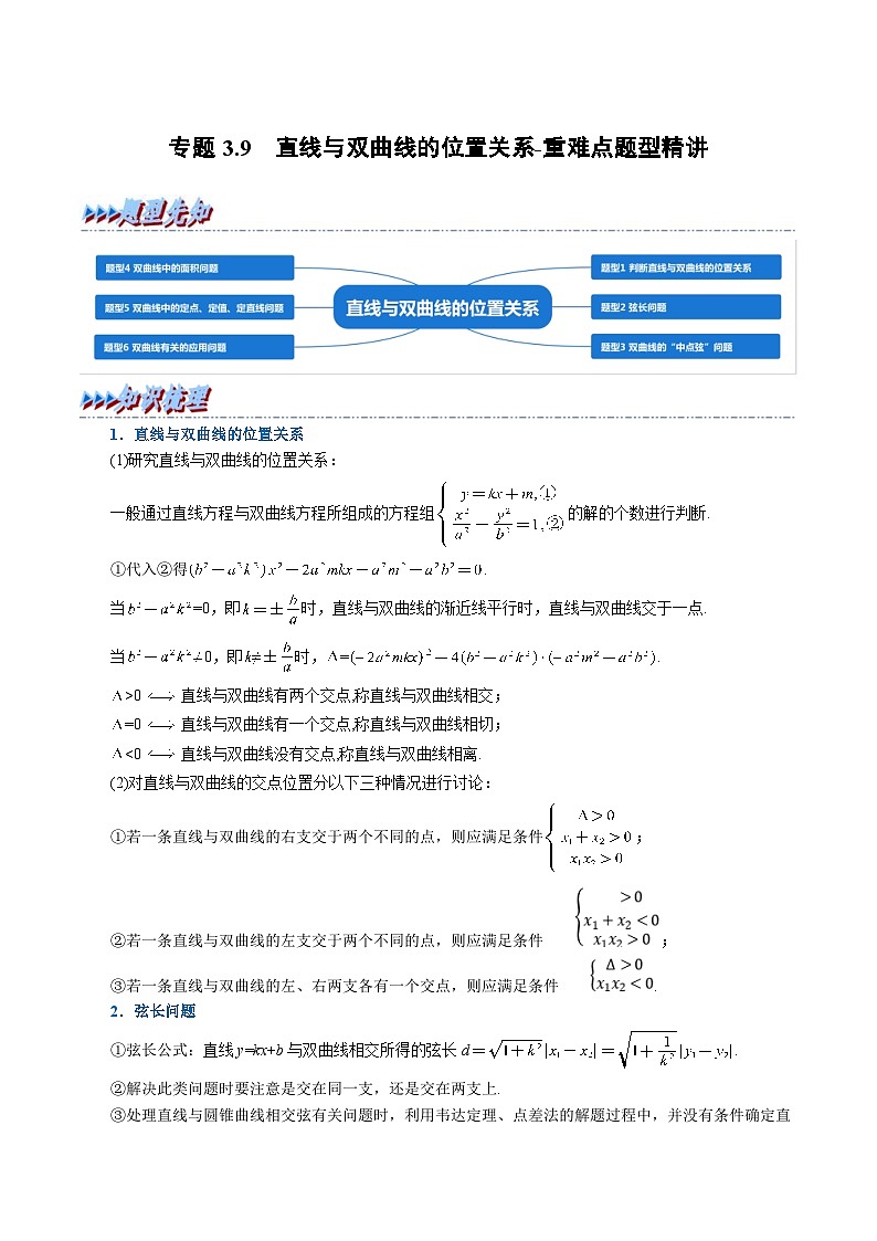 人教A版高中数学(选择性必修一)同步培优讲义专题3.9 直线与双曲线的位置关系-重难点题型精讲（2份打包，原卷版+教师版）01