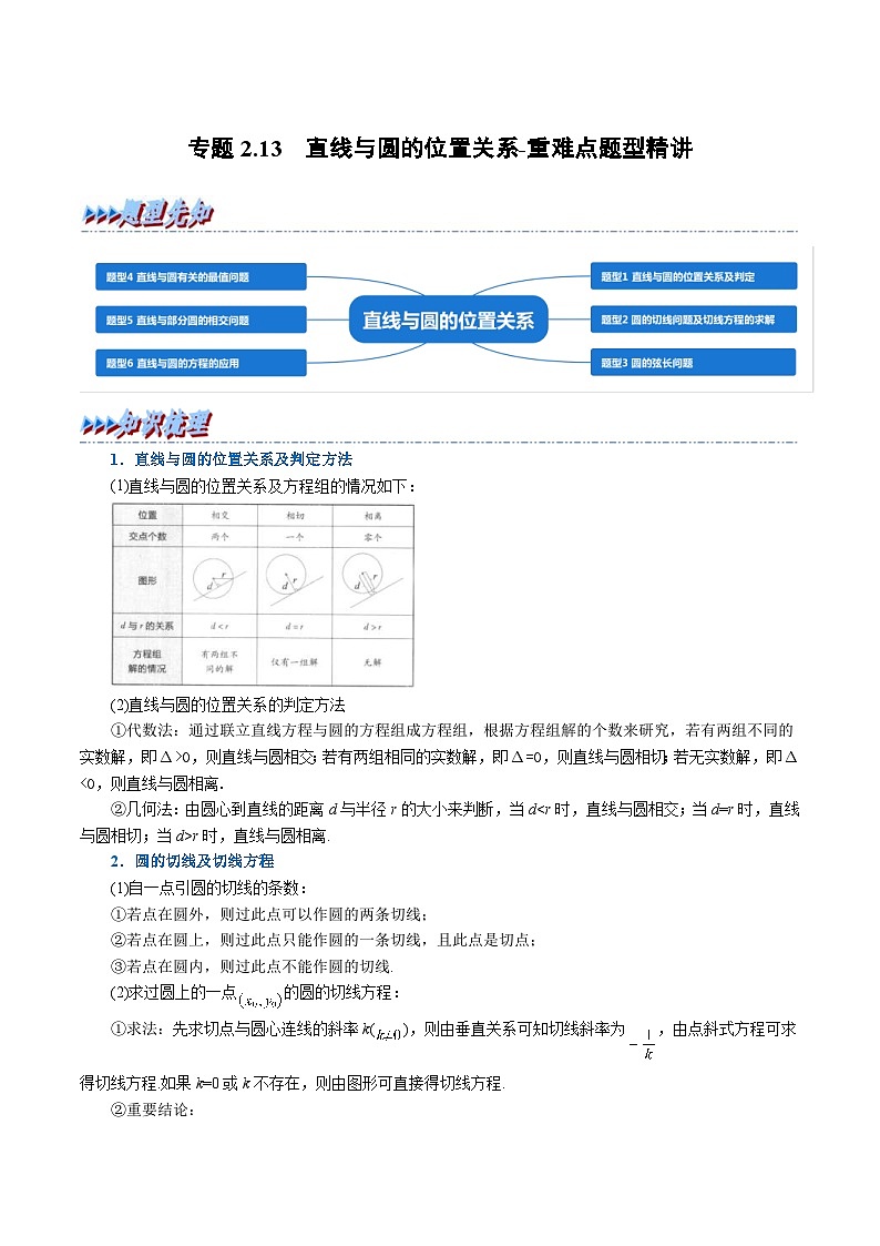 人教A版高中数学(选择性必修一)同步培优讲义专题2.13 直线与圆的位置关系-重难点题型精讲（2份打包，原卷版+教师版）01