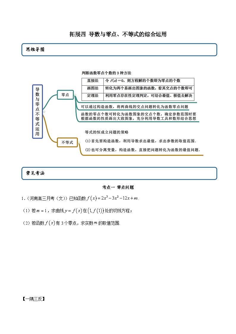人教A版（2019）选修二 第四章数列 提高四 导数与零点、不等式的综合运用 高频考点题型全归纳+思维导图-教师版+学生版-讲义(题型专练)01