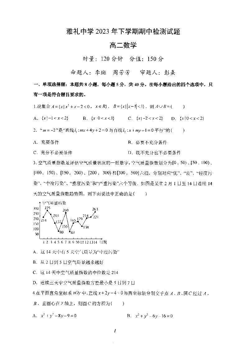 湖南省雅礼教育集团2023-2024学年高二上学期期中考试数学试题（含答案）第1页